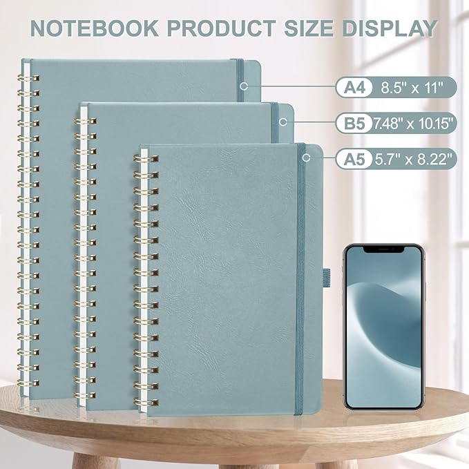 AHGXG Lined Spiral Journal Notebook, B5 Large Notebooks for Women Men, 140 Pages Hardcover Leather Notebook College Ruled, 100 GSM Paper, Notebooks for Work School Note Taking, 7.6" x 10", GrayBlue