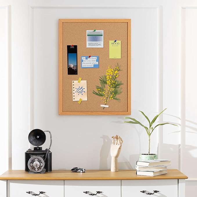 Board2by Cork Board Bulletin Board 18" x 24", Wood Framed Corkboards for Wall Decor, Hanging Office Message Board, Large Wall Mounted Notice Pin Board with 15 Push Pins for School, Home & Office