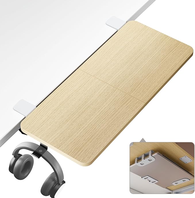 Desk Extender Tray, 28" x 12" Clamp On Desk Shelf, Desk Extension with Laptop Holder, Table Desk Arm Rest, Clamp On Keyboard Tray for Office and Home, Workstation Organizer, Large, Wood