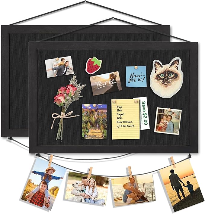 Miratino 2pcs Pin Board Bulletin Board, 16 "x11 Black Linen Cork Boards for Walls with Black Frame,Vision Board for Home Kitchen School Office Decor