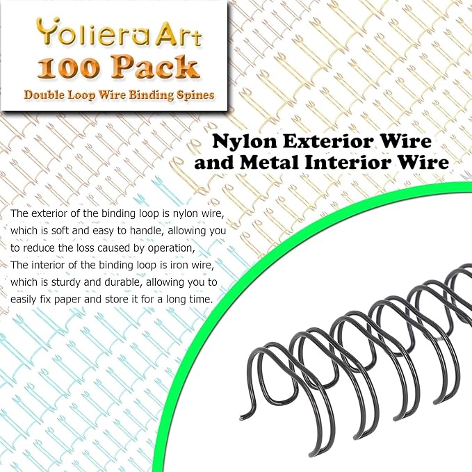 100 Pack Double Loop Wire Binding Spines, YolieraArt 1/4 Inch Spiral Binding Coils for Letter Size,Metal Bindings for Notebook Binder Machine (20 Sheet Capacity, 100P, 3:1 Pitch Twin Combs, Black)