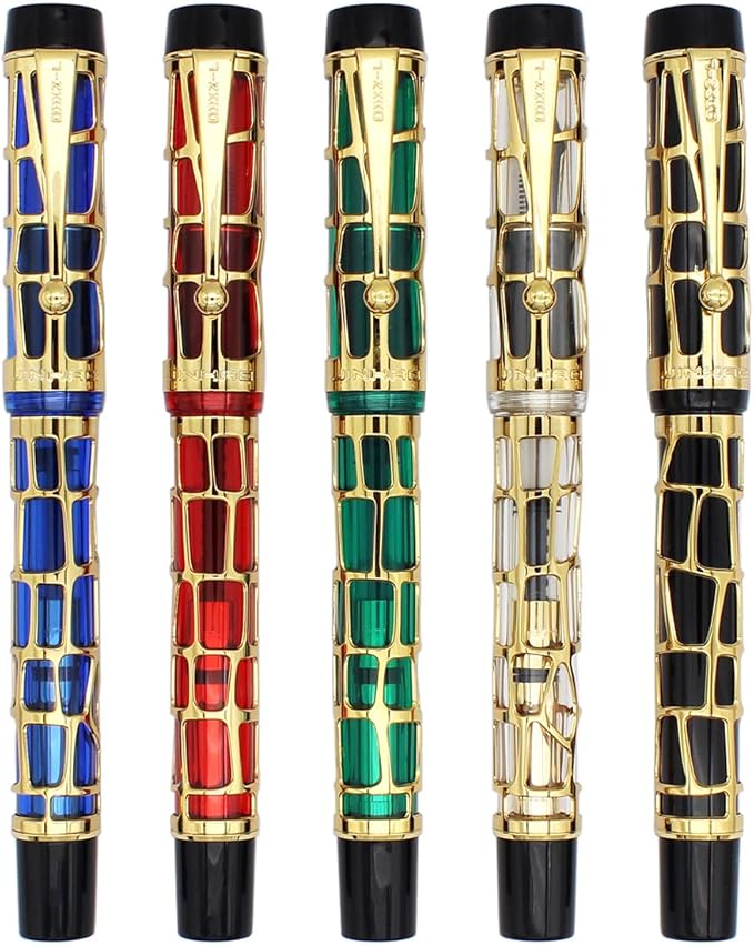 Gullor Century 100 Fountain Pen, Skeleton Hollow-out Series Golden, Screw-Cap, Fine Nib, Transparent