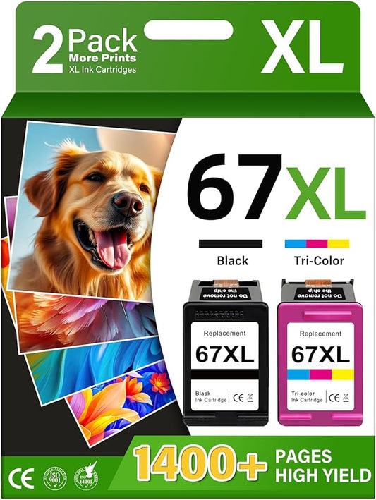 67XL Printer Ink Compatible for HP Ink 67 Replacement for HP67 67XL Ink Cartridges Black/Color Combo Pack Fit for DeskJet 2855e 2827e 4255e 2800e 2700e 2755e 4155e Envy 6000 6055e 6400 6455e Printer