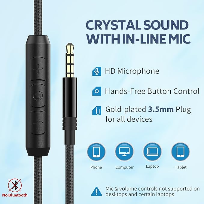 AC01 Over-Ear Headphones Wired, Passive Noise Isolating Corded Stereo Headsets with Mic Volume Control for Adults Teens 3.5mm for Chromebooks, Laptop, Computer, Tablets, Travel (Black Blue)