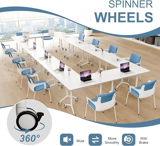10Pack Folding Conference Room Table, Modern Conference Tables with Silent Wheels, Large Rectangular Mobile Training Tables for Office Classroom, Foldable Modular Seminar Table White (L63in)