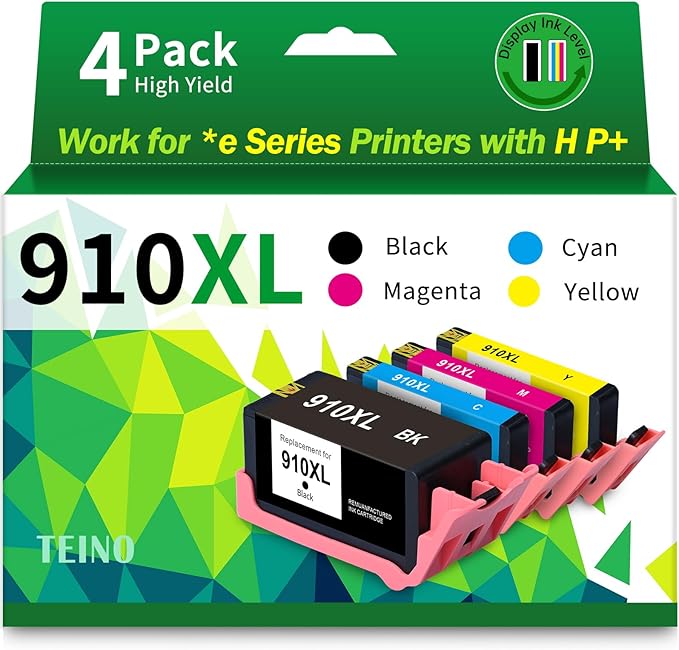910XL Ink Cartridges Replacement for HP 910XL Ink Cartridges Combo Pack 910 Ink Work with OfficeJet Pro 8015e 8025e 8020 8028e 8010 8035e Printers (4-Pack 910XL Black and Color Combo Pack)