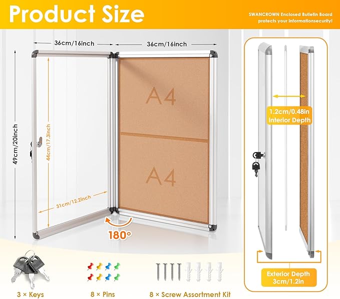 SWANCROWN Enclosed Bulletin Board,Lockable Cork Noticeboard for School Office,Wall Display Case with Lock 20"x14"(2xA4)