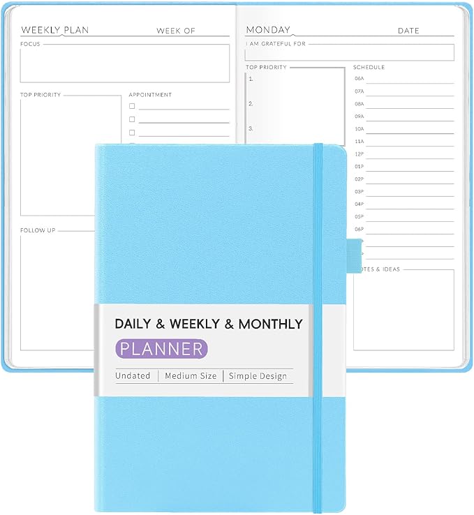 Undated Weekly Planner for 2025, Forvencer Simplified Daily & Weekly & Monthly Calendar Planner, Cute Daily Organizer Notebook, Agenda Journal to Track Goals & Tasks, Start Anytime, A5 Size, Sky Blue