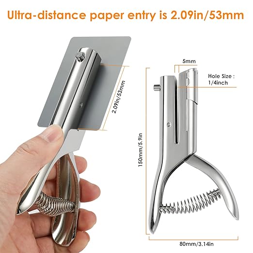 Hole Punch 2" Reach 1/4 inch Single Hole Punch,Heavy Duty Hole Puncher Single,Portable Hand Held Long Paper Punch for Paper Cards Plastic Cardboard (Silver) (1/4"-6mm Hole)