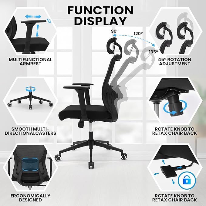 Ergonomic Office Mesh Chair, High Back Swivel Comfty Desk Chairs- 3D Armrest Adjustable Lumbar Support Capacity 400lbs and Headrest Wide for Home & Office, Bedroom (Black)