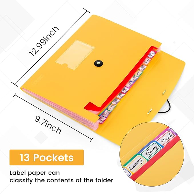13 Pocket Expanding File Folder Accordian File Organizer, A4 Letter Size Paper Document Receipt Holder for School Office Supplies, Yellow