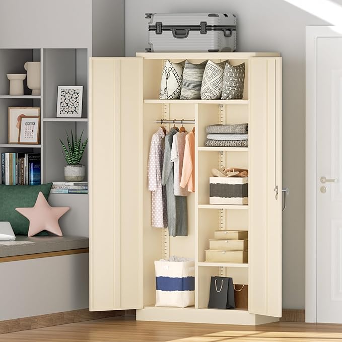 Greenvelly Metal Storage Wardrobe Cabinet with Lock, 72" Grey Metal Wardrobe Closet for Hanging Clothes with Doors and Shelves, Modern Clothes Closet for Home, Office and Bedroom, School,Gym