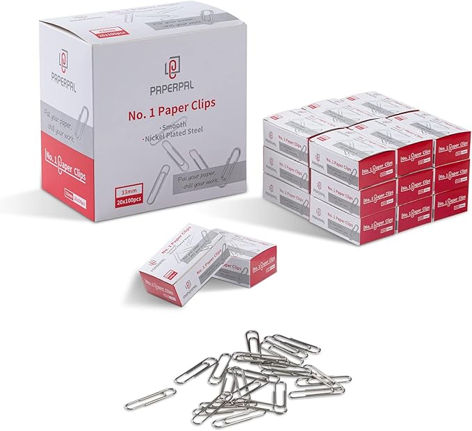 PAPERPAL Paperclips for Office School & Personal Use, #1 Smooth Paper Clip (1-2/7"), 2000 Medium Paper Clips (20 Boxes of 100 Each), Silver