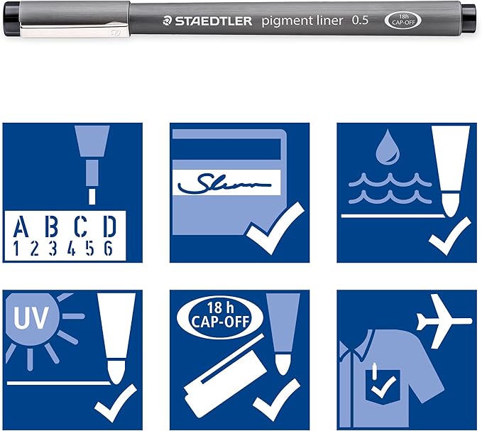 STAEDTLER Pigment Liner Pack, Black, 8 Pens, Assorted Line Widths, 0.05mm, 0.1mm, 0.2mm, 0.3mm, 0.5mm, 0.8mm, 1.0mm, 1.2mm