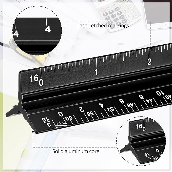 Fumete 12 Pack 6 Inch Architectural Engineering Scale Rulers Small Scale Ruler Pocket Size Scale Ruler Construction Rulers Imperial Measurements for Architects Engineering, Draftsman Drawing(Black)