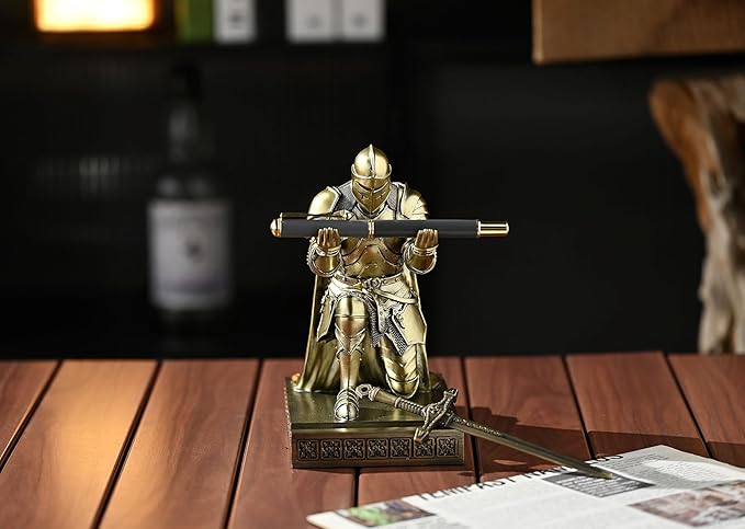 Medieval Armored Warrior Wearing Outerwear, Mobile Phone Stand Knight Pen Holder Desk Organizers, Resin Bookends Paperweight with a Letter Opener for Desk (Bronze)