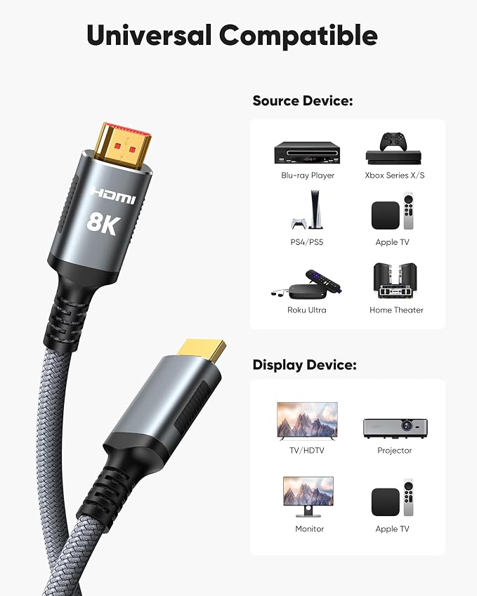 Snowkids 8K HDMI Cable 25 FT Grey, 48Gbps Ultra High-Speed HDMI 2.1 Cables Cord - Image 8