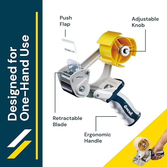Excell Anti-Backflow Metal Packaging Tape Dispenser (2" Wide) with 2 Roll Tapes: Ideal for Packaging, Transportation, Moving, and Box Sealing. Includes Tape Gun and Two Tapes