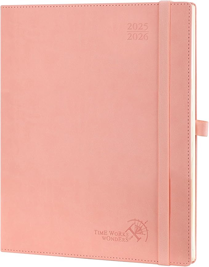 POPRUN Planner 2025-2026 (Large - 8.5'' x 10.5'') Academic Weekly Calendar (July 2025 - June 2026) with Hourly Time Slots, Monthly Tabs, 100GSM Thick Papers, Leather Soft Cover - Pink
