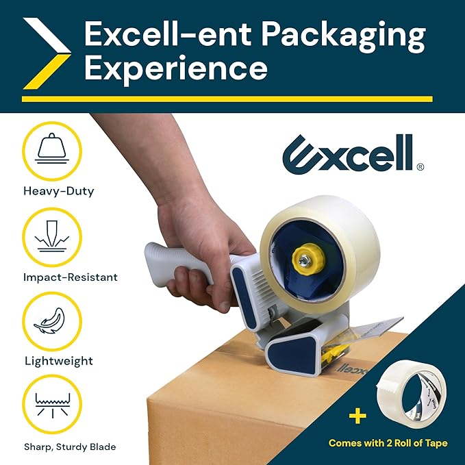 Excell EC-206 Safeguard Packing Tape Dispenser (2" Wide): Retractable Blade Cover for Safety, Push Flap for Smooth Cutting, and one-Hand use. Ideal for Shipping and Carton Sealing.(2Pack)