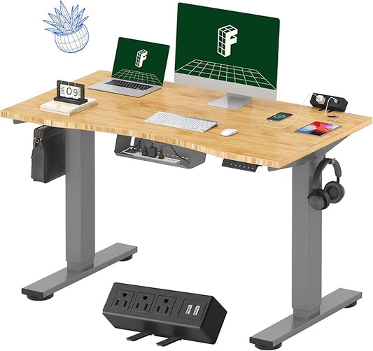 FLEXISPOT EN2 Whole-Piece Bamboo Standing Desk with Clamp Power Strip, 48 x 24 Electric Stand Up Height Adjustable Desk with Cable Management (Grey Frame + 48" Bamboo Top, 2 Packages)