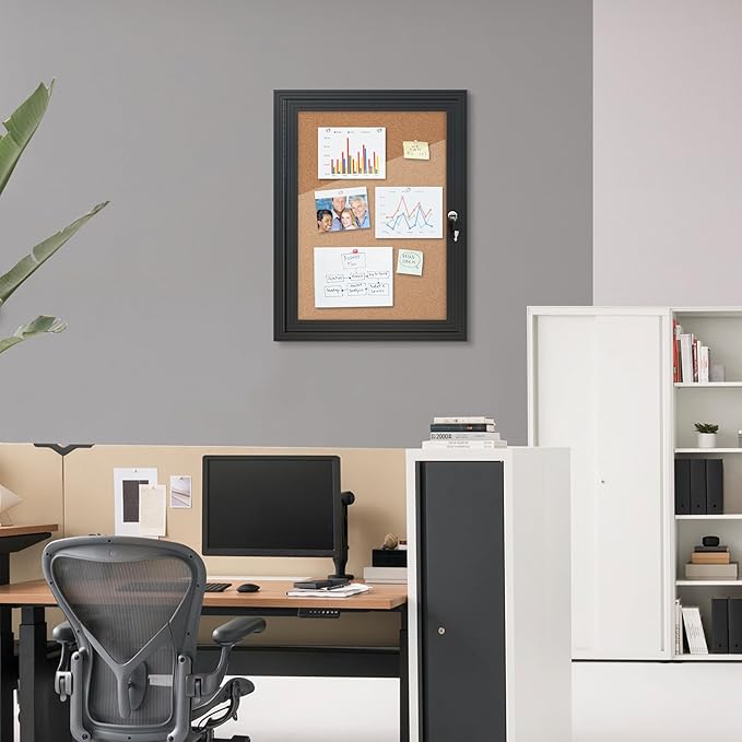 26"x20" Enclosed Bulletin Board, Outdoor Lockable Weather-Resistant Aluminum Cork Noticeboard for School & Office, Silver Frame w/Black Flet