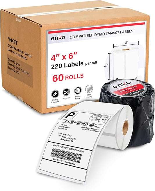 enKo Compatible Zebra 4x6 Label and Dymo Labels 1744907 - (4" x 6") Address and Shipping Labels for Dymo Labelwriter 4XL Shipping, Zebra and Desktop Direct Thermal Printers (60 Rolls | 13,200 Labels)