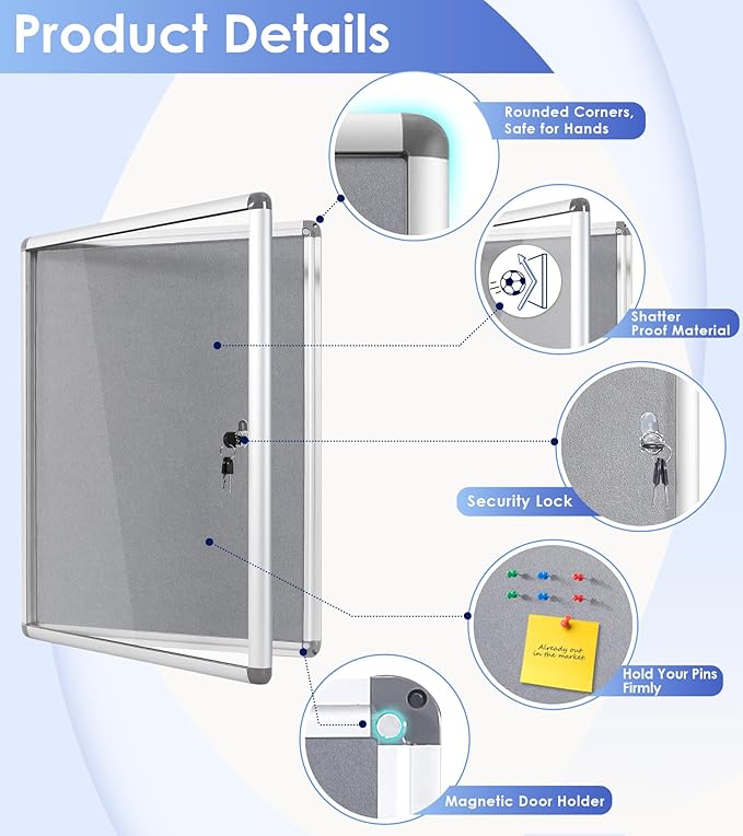SWANCROWN Enclosed Bulletin Board 24x18 in, Tamperproof Lockable Grey Felt Board Wall Display Case for Office School Home, Aluminum Frame