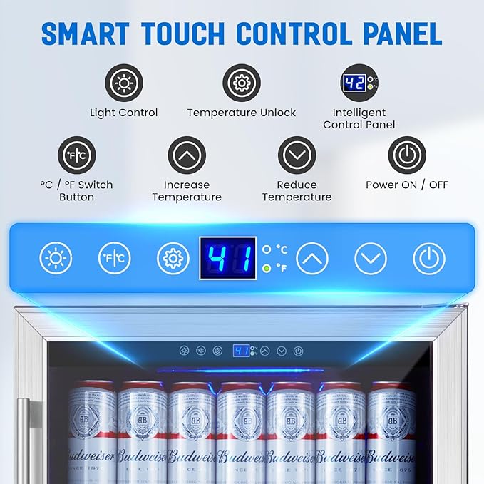 24 Inch Beverage Refrigerator Under Counter, 190 Cans Beverage Fridge Built-in/Freestanding with Double Tempered Glass, 37-64°F Low Noise Drink Fridge Perfect for Kitchen/Bar/Office(4.9 cu.ft)