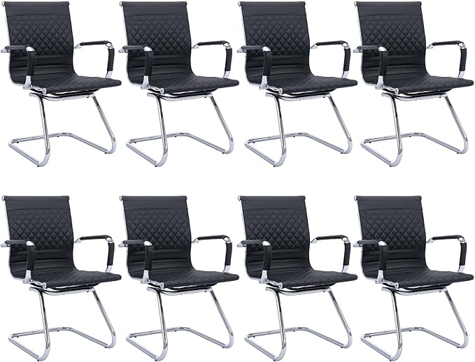 Office Guest Chairs - Set of 8 Modern PU Leather Mid Back Desk Chairs in Black