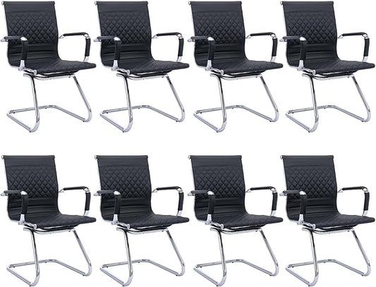 Office Guest Chairs - Set of 8 Modern PU Leather Mid Back Desk Chairs in Black