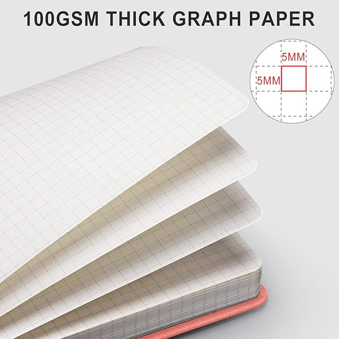 AHGXG Graph Paper Notebook - 320 Pages Grid Notebook Thick Journal A5, 100gsm Thick Graph Paper, Leather Hardcover, Inner Pocket,5.75'' × 8.38''- Pink