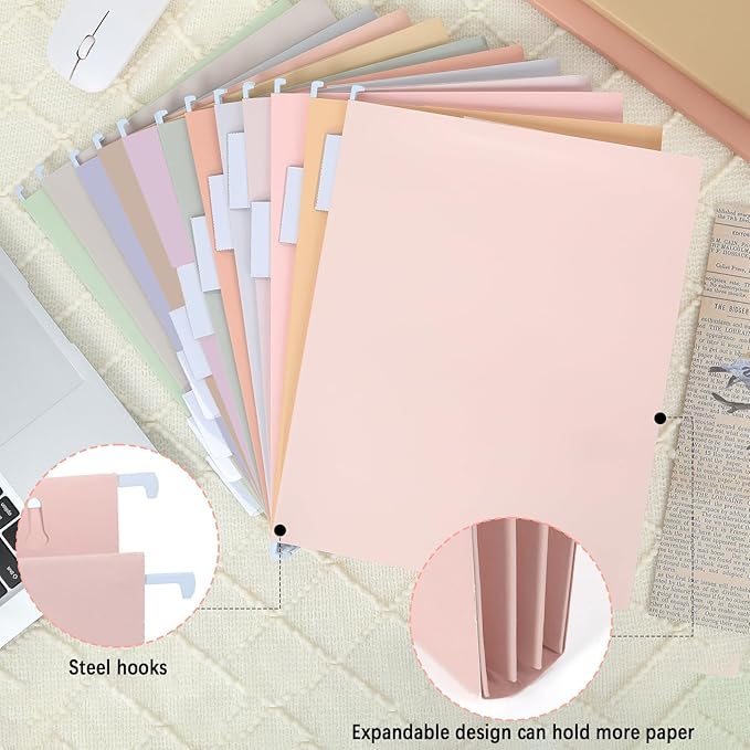 gisgfim 12 Pack Pastel Expanding Hanging File Folders Letter Size Insertable 1/5 Cut Tabs for Filing Cabinets Extra Capacity File Folders Hanging Organizer for Desk Home Office School