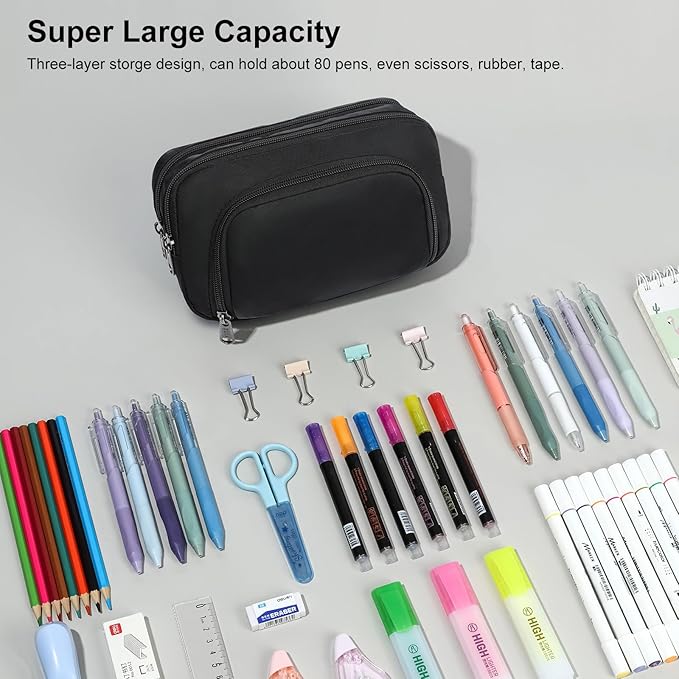 XQXA Pencil Pouch Large Capacity Pencil Case Organizer, Multifunctional Pen bag with 3 Compartmens, Big Pencil Bag for Office Travel Men Women Adult (01-Black)