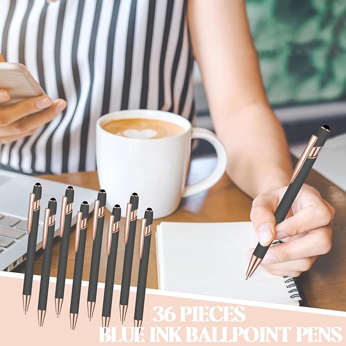 36 Pcs Blue Ink Ballpoint Pen with Stylus 2 in 1 Ballpoint Pen for Touch Screens School Office Coworkers (Gray Rose Gold)