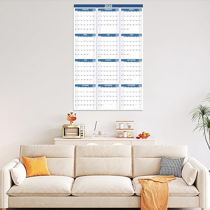 2026 Wall Calendar 34.8" x 22.8" Large Vertical Yearly Wall Hanging Calenda with Julian Date Thick Paper Calendar 12 Month Annual Wall Planner for Wall Office Fridge(Blue)