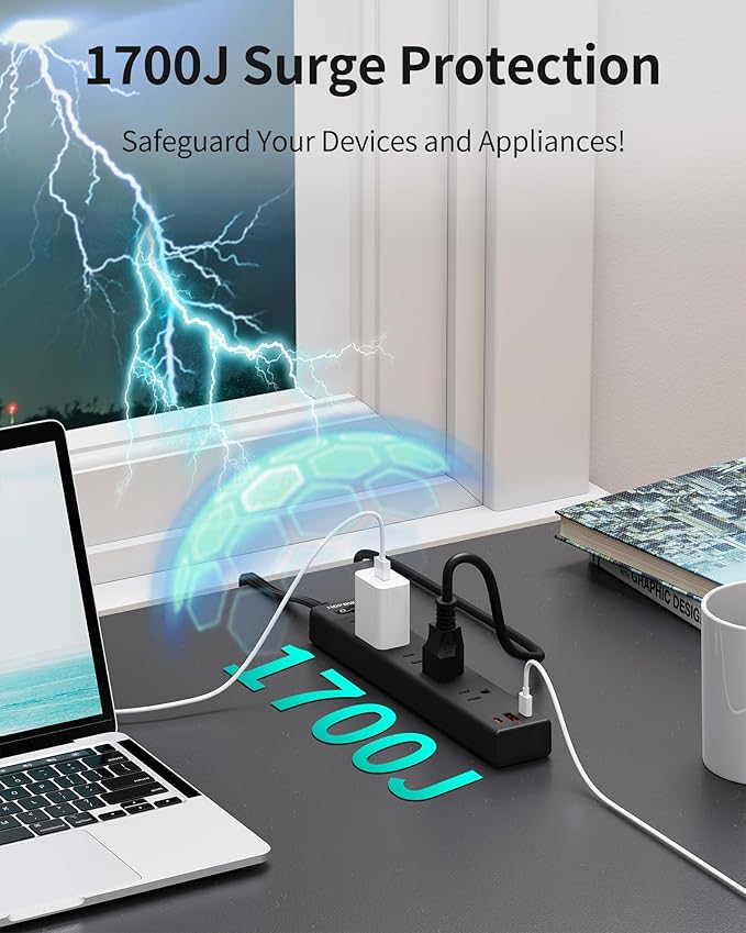 Flat Plug Power Strip, 2 Pack, 6 Ft Ultra Thin Flat Extension Cord, Surge Protector with 5 Outlets & 3 USB Ports (2 USB C Slots), 1700 Joules, 3-Prong, Wall Mount for Home Office Dorm, Black