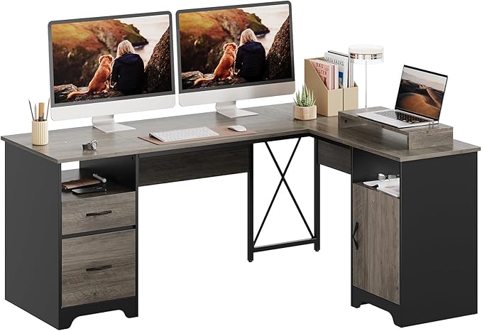 Bestier L Shaped Desk with File Drawers, 63" x 47" Office Computer Desk with Storage Cabinet, Corner Desk with Monitor Stand & Modesty Panel for Home Office, Gray