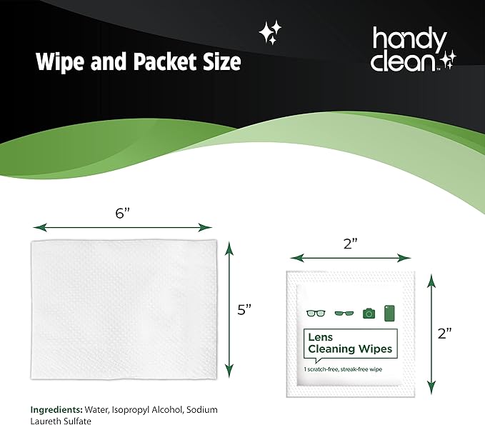 HandyClean Pre-Moistened Lens Cleaning Wipes, Eyeglass Wipes, Screen Wipes, 100 ct of 6 x 5 inches Individually Packed Lens Cleaner Wipes