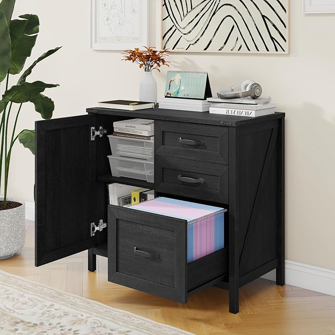 Lateral File Cabinet with 3 Drawers, Farmhouse File Cabinet for Letter/A4 Size Hanging Files, Large Wood File Storage Cabinets Printer Stand for Home Office Furniture, Black