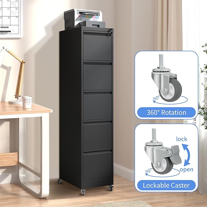 5 Drawer Mobile File Cabinet, Filing Cabinet Home Office for Letter, Legal Size, Black