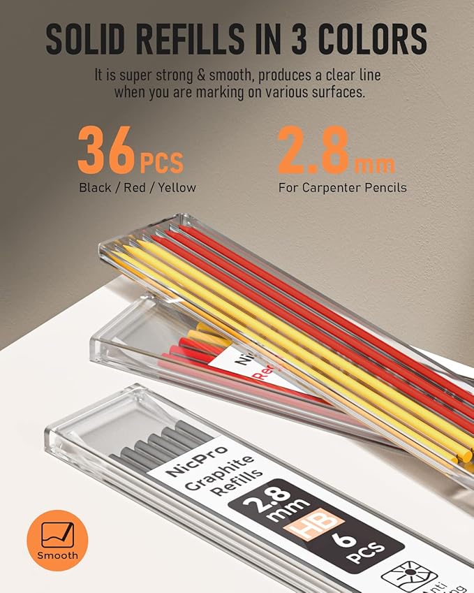 Nicpro 3 Pack Carpenter Pencil with Sharpener, Mechanical Carpenter Pencils with 39 Refills, Construction Pencil Heavy Duty Woodworking Pencils for Architect (Red, Black, Yellow)- With Case