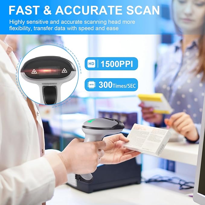Barcode Scanner with Stand, JRHC Wireless 1D Laser Bar Code Scanners 2.4G Wireless & USB Wired Connection Plug and Play Handheld Bar Code Reader