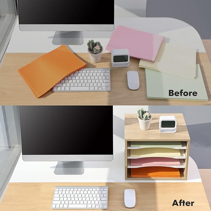 FITUEYES Wood Desk Paper Sorter Organizer with 4-Tier Storage, Desktop Paper File Holder Letter Tray for Home and Office, Light Wood, DO403506WO