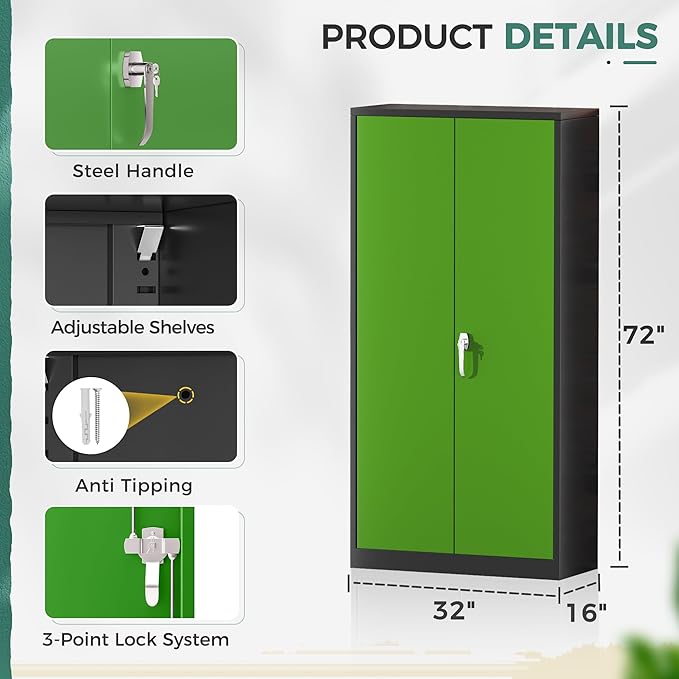 Greenvelly Metal Garage Storage Cabinet, 72" Tall Steel Storage Cabinets with Doors and Adjustable Shelves, Metal Tool Cabinets, Locking File Cabinet for Home Office, Garage, School (Black&Green)