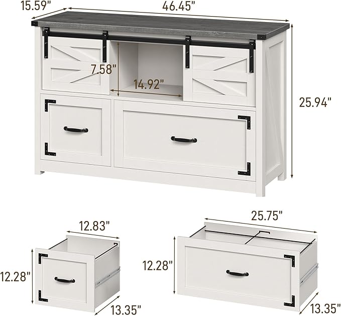 Lateral File Cabinets 2 Drawer with Sliding Barn Doors, Farmhouse Filing Cabinet with 2 Drawer for Home Office，Filing Organization Storage Cabinets for Hanging Files Letter/Legal/F4/A4.(Dark Grey.)