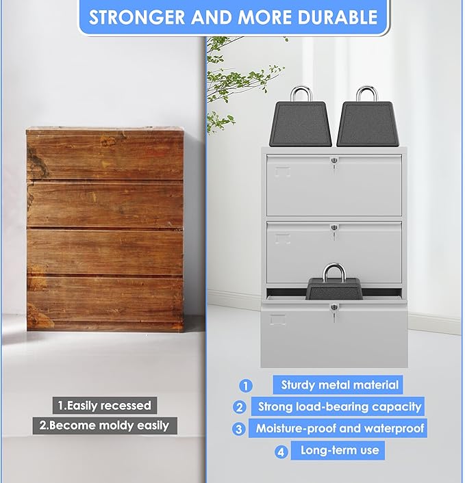 Aobabo 3 Drawer Wide Lateral File Cabinet, Metal Filing Cabinet with Lock, Suitable for Home Office School Hanging Files Letter/Legal/F4/A4 Size,White,Required-Assembly,15.87" D x 28.94" W x 43.62" H