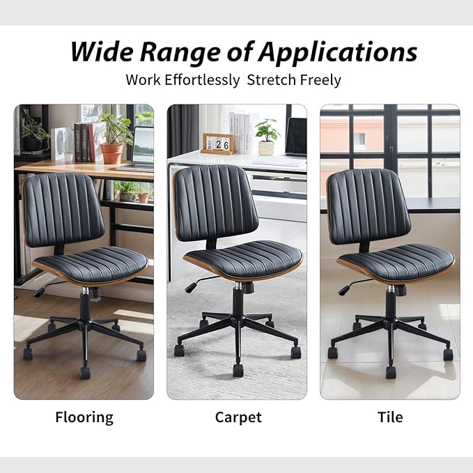 Small Home Office Chair - Armless Mid Back Desk Chair with 360° Swivel and Wheels, PU Upholstered Height Adjustable Modern Walnut Computer Chair for Home, Office Meeting Room - White