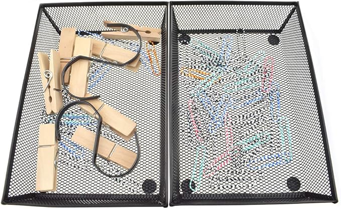 HAHIYO Stackable Mesh Tray Cup 9 x 6 x 2 inches Sturdy Container for Desk Drawer Organizer Collection for Home Office School kitchen Soft Foam Feet No Sharp Edges 1 Pack Black