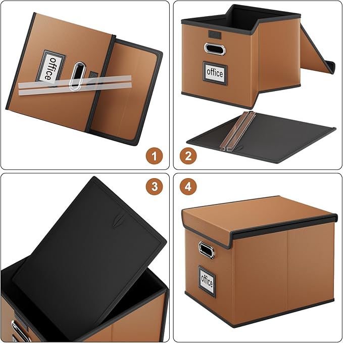 Huolewa Faux Leather File Organizer Box with Lid, Collapsible Hanging File Folder Box Organizer with Plastic Slides, Decorative Home/Office Filing System Boxes for File and Folder Storage